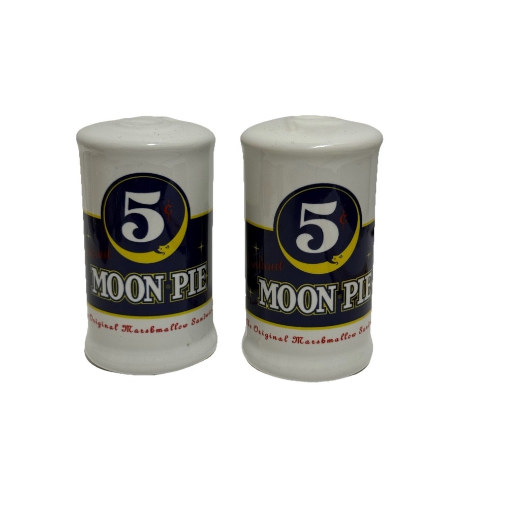 Vintage Moon Pie Salt Pepper Shakers 5¢ Logo Ceramic Set Retro Kitchen Decor